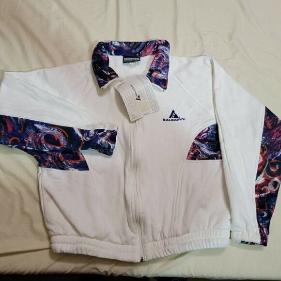 VINTAGE SAUCONY WHITE FLEECE JACKET L 90'S RETRO - Picture 2 of 5